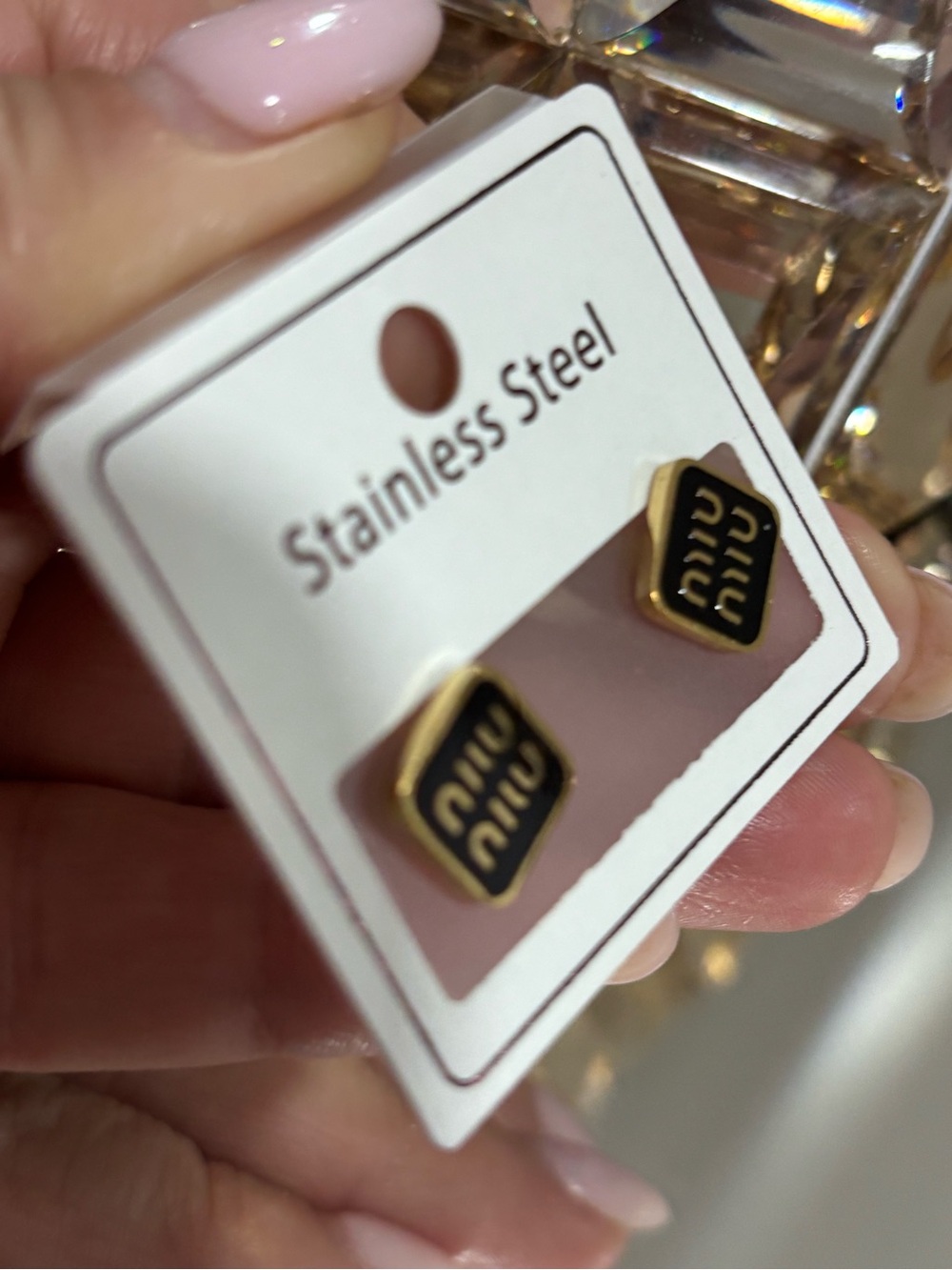 Miu Miu Black and Gold Enamel Logo Stud Earrings